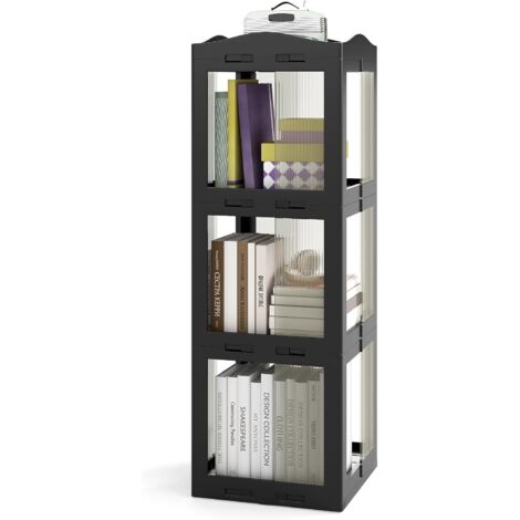 COSTWAY Bibliothèque Pliante Rotative, Étagère Tournante à 360°, Bibliothèque à 3/4/5 Niveaux, Étagère d'angle Haute, Organisateur de Rangement Translucide pour Salon, Bureau (Noir,3 Niveaux) (1/5)