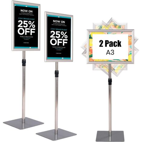 COSTWAY Porte Affiche sur Pied A3 Lot de 2, Présentoir sur Pied Rotation 360 Degrés, Hauteur Réglable 78,5-123 cm, Cadre en Alliage d'Alu, Tube en Acier INOX, Support Affichage A3 (Argent x 2, A3) (1/5)