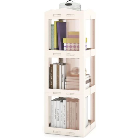 COSTWAY Bibliothèque Pliante Rotative, Étagère Tournante à 360°, Bibliothèque à 3/4/5 Niveaux, Étagère d'angle Haute, Organisateur de Rangement Translucide pour Salon, Bureau (Blanc,3 Niveaux) (1/5)