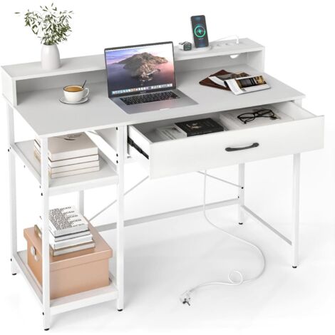 COSTWAY Bureau avec Rangement, Table avec Station de Charge, Étagère Supérieure, Grand Tiroir & Étagère à 2 Niveaux, Bureau à Domicle Cadre en Métal, Poste de Travail pour Chambre (Blanc) (1/5)