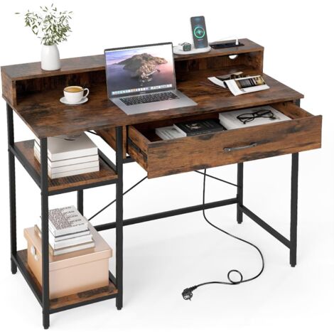 COSTWAY Bureau avec Rangement, Table avec Station de Charge, Étagère Supérieure, Grand Tiroir & Étagère à 2 Niveaux, Bureau à Domicle Cadre en Métal, Poste de Travail pour Chambre (Marron Rustique)