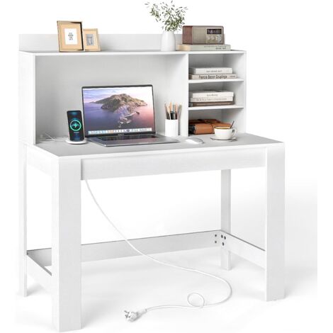 COSTWAY Bureau d'Ordinateur avec Bibliothèque, Table d'Étude avec Prise et USB Intégrée, Passe-câbles, Table Moderne avec Étagères de Rangement pour Chambre, Salle d'Étude, Bureau (Blanc)
