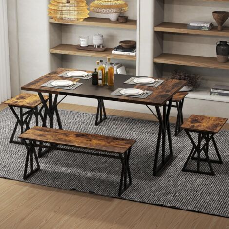 COSTWAY Ensemble Table a Manger 5 Pièces, Table Cuisine avec 2 Banc et 2 Tabourets pour 4-6 Personnes, Design Encastrable, Cadre en Métal, Style Industriel, pour Cuisine, Salon