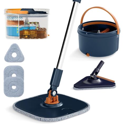 COSTWAY Ensemble Balai Serpillière Seau Essoreur, Têtes Plates Carrée Triangulaire Auto-essorantes, 3 Lingettes en Microfibre Lavables Réutilisable, Nettoyage Rapide (Plus Balai-2 Têtes)