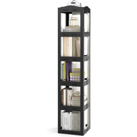 COSTWAY Bibliothèque Pliante Rotative, Étagère Tournante à 360°, Bibliothèque à 3/4/5 Niveaux, Étagère d'angle Haute, Organisateur de Rangement Translucide pour Salon, Bureau (Noir,5 Niveaux) (1/5)