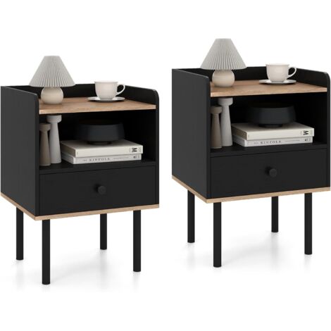 COSTWAY Table de Chevet Lot de 2, Table de Nuit avec Tiroir, Étagère de Rangement Ouverte, Pieds en Métal, Bout de Canapé, Chevet de Lit Moderne pour Salon, Chambre, Petits Espaces, Noir (1/5)