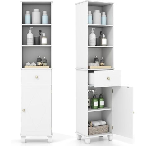 COSTWAY Meuble Haut Salle de Bain, Colonne de Rangement avec 3 Étagères Ouvertes, 1 Tiroir, 1 Placard à Porte, Armoire Salle de Bain, Gain de Place, pour Cuisine, Salon, 40 x 30 x 172 cm, Blanc