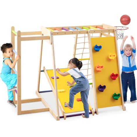 COSTWAY 6 en 1 Aire de Jeux d'escalade Intérieure en Bois avec Toboggan & Rampe, Triangle d'escalade Montessori Enfant avec Échelle & Panier & Barre de Singe, Charge 75kg pour 3-14 Ans (1/5)