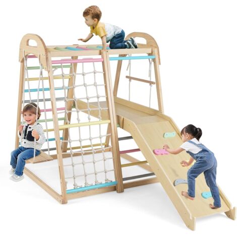 Costway – Aire de jeux d'escalade intérieure en bois 8 en 1 – Toboggan, balançoire, barres de singe – Charge 50kg – Pour enfants 3-5 ans (1/5)