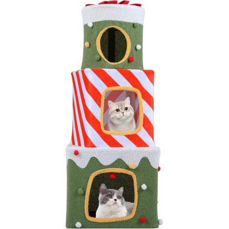 COSTWAY Niche Chat de Noël à 3 Niveaux, Maison Chat, 3 Condos Empilables en Forme de Boîte Cadeau, Polaire Teddy, Tissu Peluche, Pompon Suspendu, Boules de Noël, Chaque Couche Charge 15 kg (120 cm) (1/5)