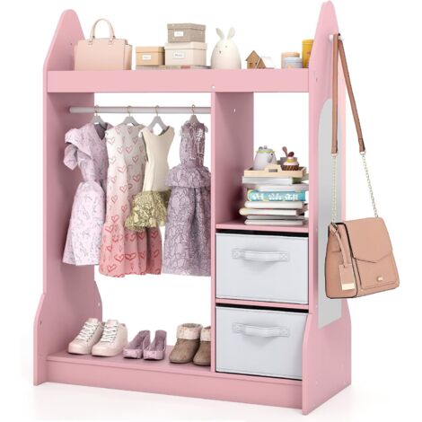 COSTWAY Portant à Vêtements Enfant avec Miroir en Acrylique & Cintre en Bois, Penderie Enfant avec 3 Étagères Ouvertes & 2 Bacs en Tissu, Garde-Robe pour Chambre d'enfant, 81x75x107 cm (Rose)