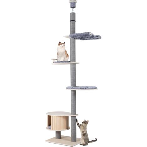 COSTWAY Arbre a Chat Plafond, H236-271 cm Réglable, Arbre à Chat Bois XXL, 2 Plateformes, Condo, Hamac, Poteaux à Griffer, Tour pour Chaton à 5 Niveaux, Coussins Amovibles Lavables(Gris+Naturel) (1/5)
