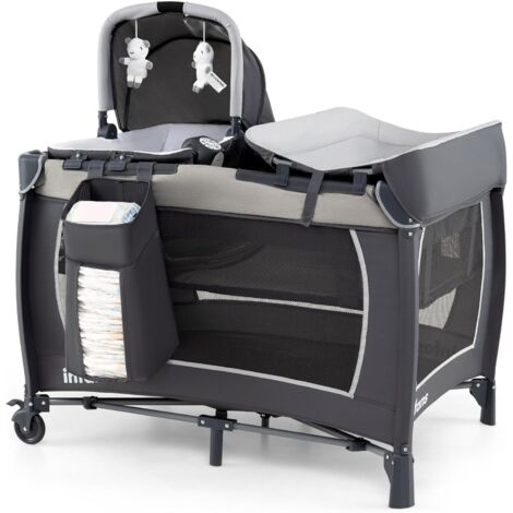 COSTWAY 5 en 1 Lit Parapluie Bébé avec Matelas & Table à Langer, Lit Bébé Evolutif avec Boîte à Musique & Jouets Suspendus, Sac de Transport & Roues Verrouillables, Berceau pour 0-36 Mois (Gris)