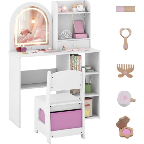 COSTWAY Coiffeuse Enfant Fille Avec Chaise Et Miroir Lumineux - Bureau Avec Rangement