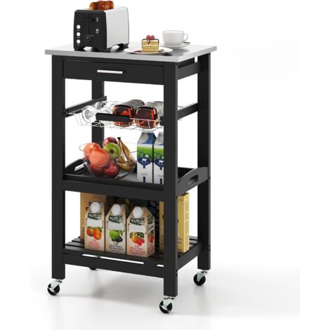 COSTWAY Desserte de Cuisine sur Roues Comptoir en Acier Inoxydable, Chariot de Service avec Tiroir Coulissant Panier en Fil Métallique pour Cuisine, Salle à Manger (Noir丨plateau en Acier Inoxydable) (1/5)