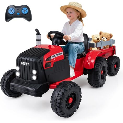 COSTWAY 24V Tracteur Électrique Enfant avec Remorque Amovible & Télécommande, Voiture Électrique Enfants avec Musique & Klaxon & Phares LED, Démarrage en Douceur, 3,2-6 km/h pour 3-8 Ans (Rouge)
