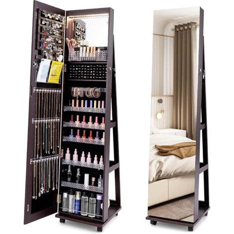COSTWAY 3 en 1 Armoire à Bijoux sur Roulettes, Organisateur de Bijoux sur Pieds, Miroir Psyché sans Cadre, Lumières LED et Miroir de Maquillage Intégré, Verrouillable, Étagères Réglables (Café Foncé) (1/5)