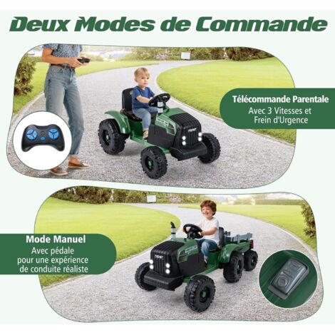 Tracteur Électrique Enfant 12V Avec Remorque Amovible - Télécommande Parentale - 2 Moteurs - Klaxon/Musique/USB/LED - Voiture à Pédales 3+ - Vert