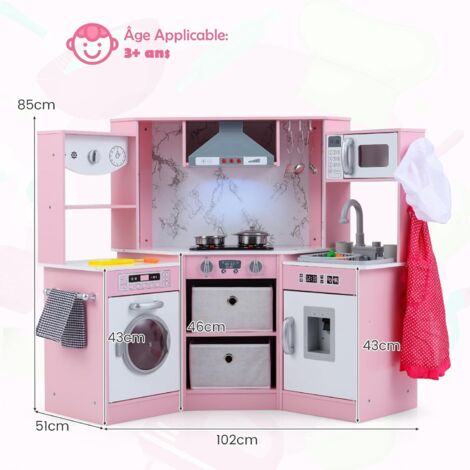 COSTWAY Cuisine Enfants en Bois 3-6 Ans - 18 Accessoires avec Évier, Micro- ondes Blanc, Dispositif Anti-basculement, Rose - Jeux - Jouets