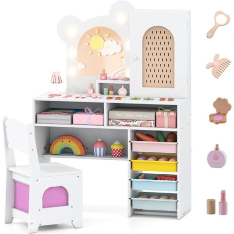 Coiffeuse Enfant Fille Avec Miroir LED 3 Couleurs, Bureau & Rangement, Chaise Incluse - Rose