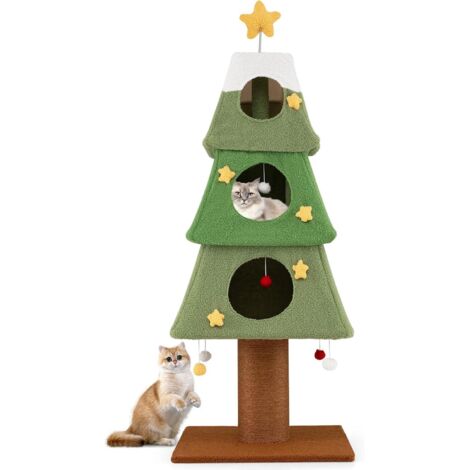 COSTWAY Arbre à Chat XXL de Noël 162 cm, 3 Condos, Ø19 cm Poteau à Griffer en Sisal, Arbre a Chat Maine Coon, Couvercle Amovible, Étoile en Sommet, Tour pour Chaton à 4 Niveaux, Pompons (162 cm) (1/5)