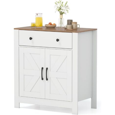 COSTWAY Sideboard, Armoire de cuisine avec plaque de travail, tiroir, 2 portes et étagère réglable, armoire buffet style rustique, rangement pour cuisine, salle à manger et salon, blanc (1/3)