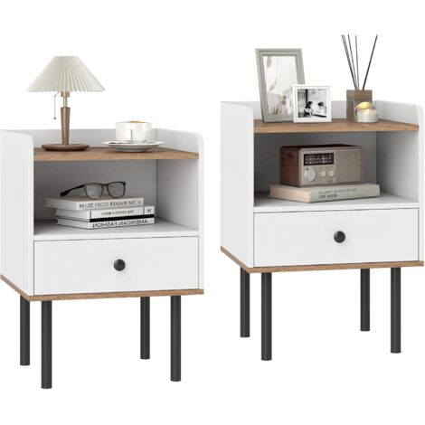 COSTWAY Table de Chevet Lot de 2, Table de Nuit avec Tiroir, Étagère de Rangement Ouverte, Pieds en Métal, Bout de Canapé, Chevet de Lit Moderne pour Salon, Chambre, Petits Espaces, Blanc (1/5)