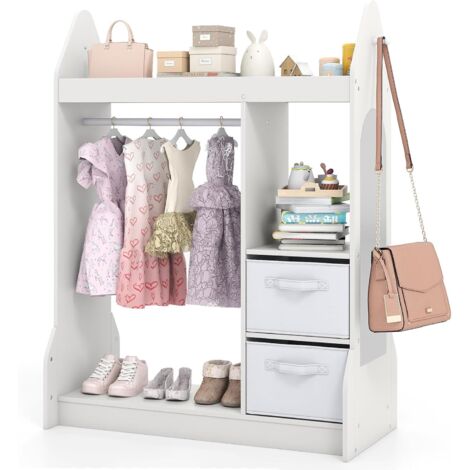 COSTWAY Portant à Vêtements Enfant avec Miroir en Acrylique & Cintre en Bois, Penderie Enfant avec 3 Étagères Ouvertes & 2 Bacs en Tissu, Garde-Robe pour Chambre d'enfant, 81x75x107 cm (Blanc)