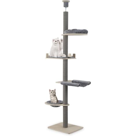 COSTWAY Arbre a Chat Plafond, 236-271 cm Hauteur Réglable, Arbre à Chat XXL, 3 Plateformes, Ø9 cm Poteaux à Griffer, Panier, Hamac, Tour pour Chaton à 5 Niveaux, Coussins Amovibles Lavables (Gris) (1/5)