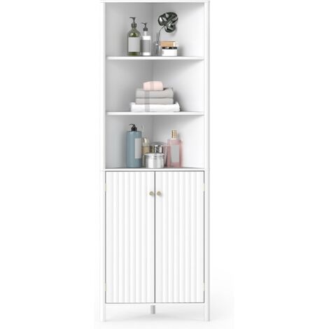 COSTWAY Armoire d'angle pour Salle de Bain, Meuble de Rangement avec Placard Étagère Réglable, 3 Compartiments Ouverts, Armoire Haute pour Salle à Manger, Salon, Cuisine, 32 x 58 x 172,5 cm (Blanc) (1/5)