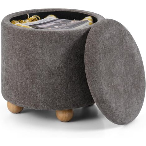 COSTWAY Pouf Rangement Rond, Tabouret Rangement 35 L, Tissu Chenille, Couvercle Amovible, 4 Pieds en Bois Caoutchouc, Pouf Repose Pieds pour Salon Chambre, Charge 150 kg, Ø44,5 x H44,5 cm (Gris) (1/5)