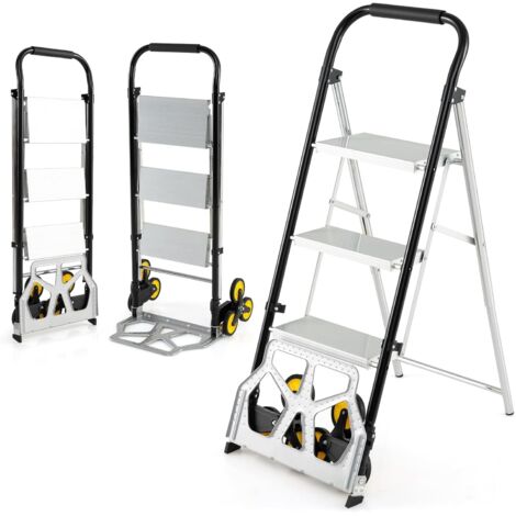 COSTWAY Diable Pliable et Échelle 2 en 1, Escabeau en Aluminium à 3 Marches avec Pédales Antidérapantes, Chariot Portable avec Roues en Caoutchouc pour Maison, Entrepôt, Bureau, Charge 250 kg