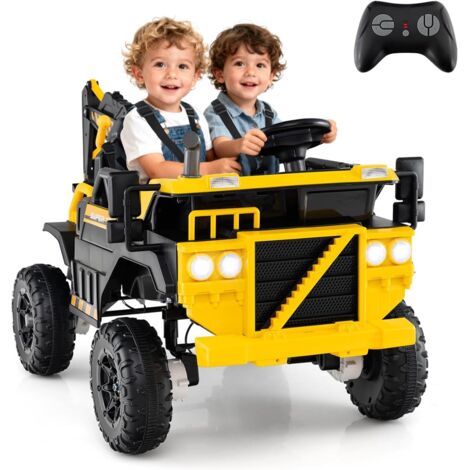 COSTWAY 24V Voiture Excavatrice Électrique Enfant avec Télécommande & Pelle, Camion Électrique 2 Places avec Musique & Lumières & Klaxon, 2,6-5km/h, Charge 25kg, Tracteur pour 3 Ans+, Jaune (1/5)