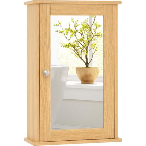 COSTWAY Armoire Murale de Salle de Bain, Meuble Salle de Bain avec Porte-Miroir, Meuble Suspendue à 2 Niveaux, Armoire à Pharmacie, Étagère Réglable, 15 x 34 x 53 cm (Naturel)