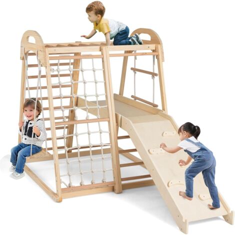 COSTWAY 8 en 1 Aire de Jeux d'escalade Intérieure en Bois avec Toboggan & Balançoire, Triangle d'escalade Montessori Enfant avec Filet & Échelle & Barre de Singe, Charge 50kg pour 3-5 Ans (Naturel) (1/5)