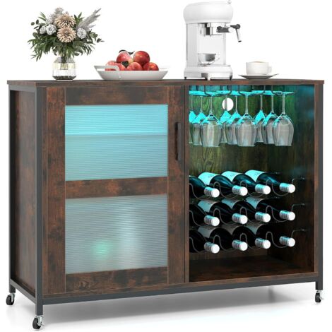 Costway – Meuble bar à vin industriel sur roulettes – Éclairage LED ajustable – Rangement pour 42 bouteilles et 15 verres – Étagères réglables en 3 positions (1/5)
