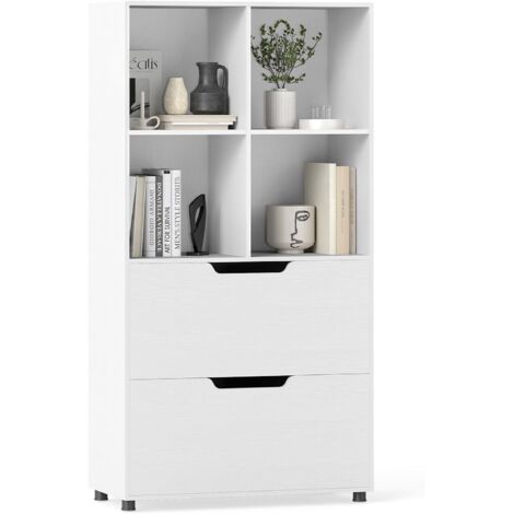 COSTWAY Bibliothèque, Étagère à Livres avec 4 Compartiments Ouverts, 2 Grands Tiroirs, Anti-basculement, Meuble de Rangement en Bois, pour Salon, Bureau, 70 x 33,5 x 130 cm (Blanc) (1/5)