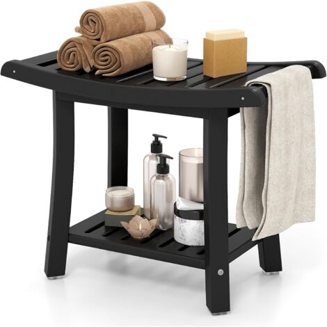 COSTWAY Tabouret Salle de Bain 2 Niveaux en PEHD Étanche, Banc de Douche Antidérapants Siège Incurvé pour Enfants et Adultes Charge Max 150kg, 60,5 x 34 x 48 cm (Noir) (1/5)