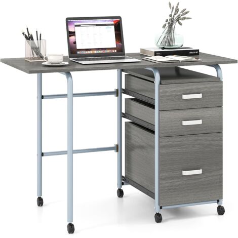 COSTWAY Bureau Pliable avec 3 Tiroirs, Table d'Écriture Roues Verrouillables, Bureau à Domicile Roulant avec Cadre en Métal, Compact pour Dortoir, Appartement (Gris) (1/4)