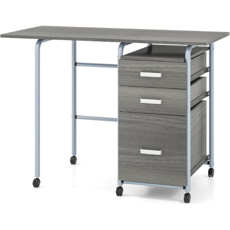 COSTWAY Bureau Pliable Avec 3 Tiroirs - Table D'Écriture Roues Verrouillables - Bureau à Domicile Roulant Naturel