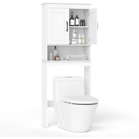 COSTWAY Meuble Toilette Étagère WC, 168 cm de Hauteur, 2 Portes, Compartiments Ouverts, Étagère Réglable, Gain de Place, Meuble WC Rangement, pour Salle de Bain, Buanderie, Blanc