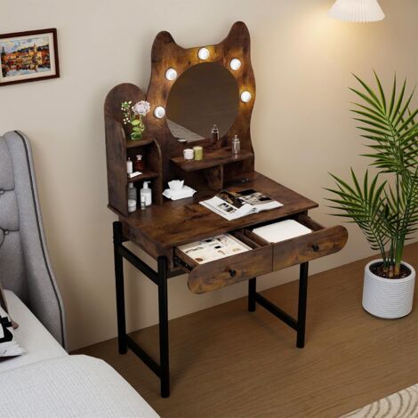 COSTWAY Coiffeuse avec Miroir en Forme de Chat, 3 Modes d'Éclairage, Luminosité Réglable, Station de Charge, 3 Étagères, 2 Tiroirs, Table de Maquillage 80 x 50 x 150 cm (Industriel+Noir) (1/5)