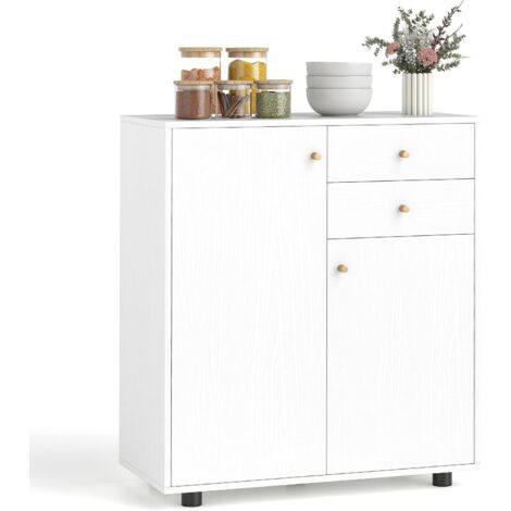 Costway – Buffet cuisine blanc 74x35x85,5 cm – 2 placards, 2 tiroirs, 3 étagères réglables – Construction en bois aggloméré – Portes avec charnières à fermeture douce