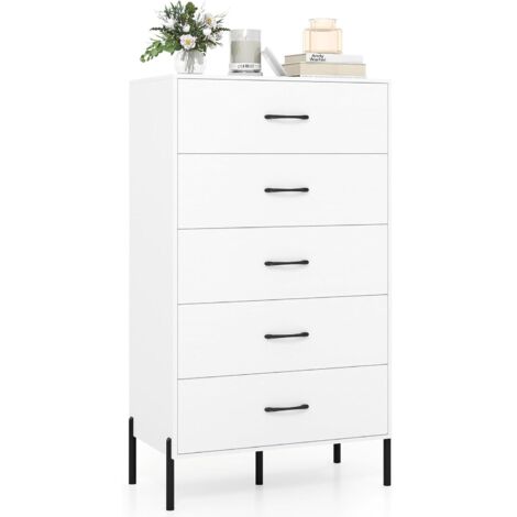 COSTWAY Commode Blanc 5 Tiroirs, Meuble de Rangement pour Chambre, Poignées en Métal,Panneau MDF, Kits Anti-Basculement, pour Salon, Couloir, Entrée, 71 x 40 x 125 cm (1/5)