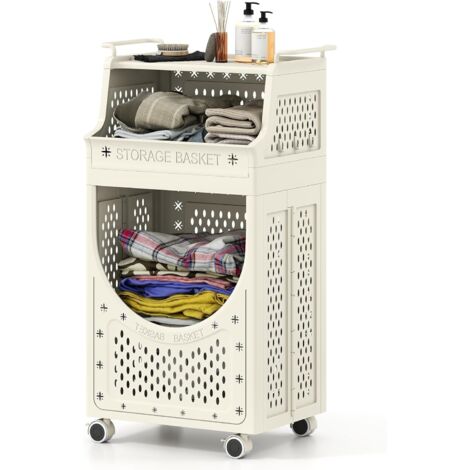 COSTWAY Panier à Linge Pliable avec Roues Verrouillables, Bac Linge Sale Plastique 2 Niveaux, 61L, 6 Crochets, pour Buanderie, Salle de Bain, Chambre (21L+40L,Basic) (1/5)