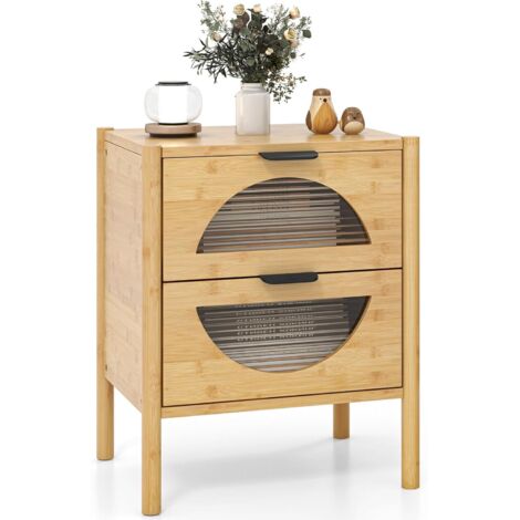 COSTWAY Table de Chevet Bambou avec 2 Tiroirs, Chevet de Lit Boho, Tiroir en Verre Trempé, Bout de Canapé pour Salon, Chambre, Naturel (2 Tiroirs) (1/5)