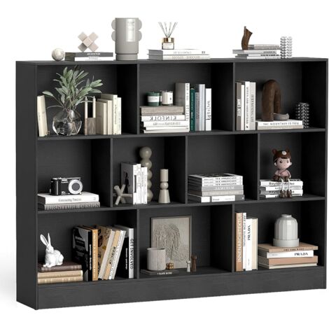 COSTWAY Bibliothèque Etagère à 10 Cases, Armoire de Rangement Autoportante à 3 Niveaux, Kits Anti-basculement, Etagère de Présentation en Bois de 140 cm, pour Salon (XL  10 Compartiments,Noir) (1/5)