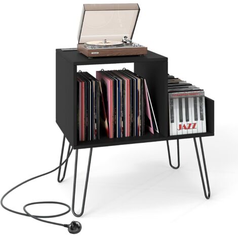 COSTWAY Support Tourne-Disque avec Prise, Meuble Tourne-Disque Vinyle pour 145 Albums, Station de Charge, 2 Ports USB, 4 Pieds Amovibles, 3 Séparateurs, Étagère sur Table (Noir) (1/5)
