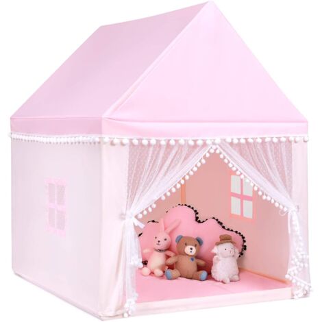 COSTWAY Tente de Jeux Enfant avec Tapis Doux & Lavable, Maison de Jeu en Château de Style Princesse en Coton, Cadre en Bois pour 3-4 Garçons et Filles, 120x105x140cm