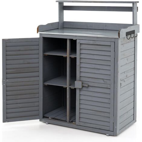 Costway – Armoire de jardin en bois de sapin avec plan de travail en métal – 3 crochets – étagères amovibles – portes à persiennes – 87 x 45 x 120 cm (gris)